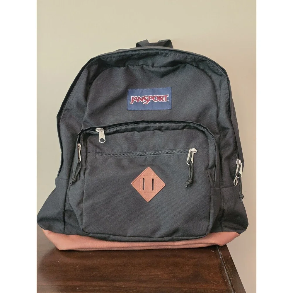 JanSport City View Backpack Black Laptop Pocket Faux Leather Bottom Adjustable